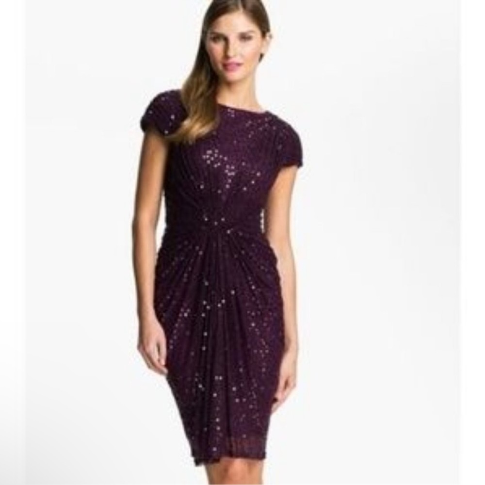 Tadashi Shoji Poppy Dark Purple Sequin Lace Draped Gathered Mini Dress size XS